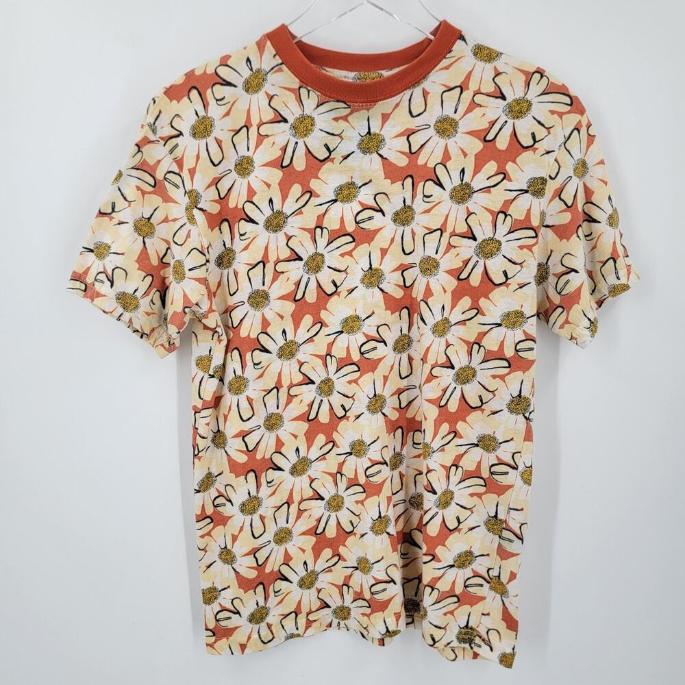 Super Massive T Shirt Mens Medium Daisy Print Cotton Short Sleeve Orange White